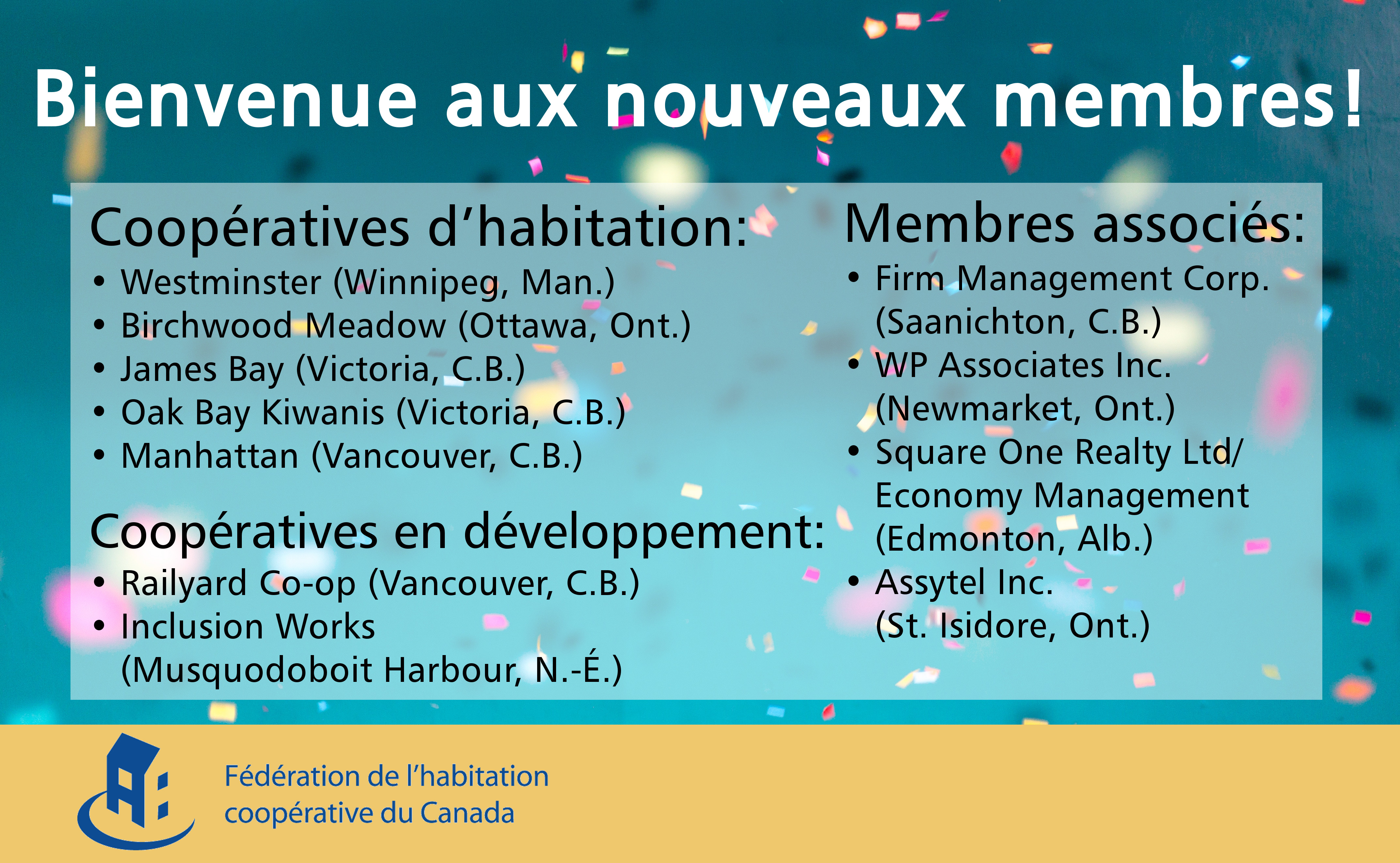 Bienvenue aux nouveaux membres de la FHCC!